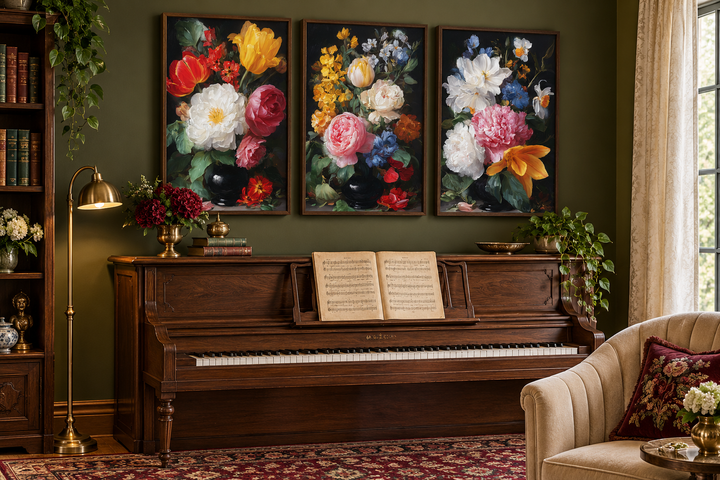 Set of 3 dark academia vintage botanical floral canvas prints hanging above a wooden piano.