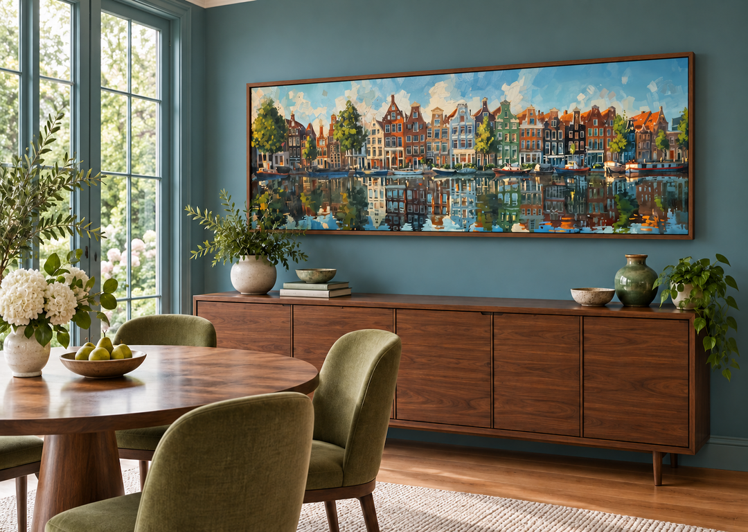 Dutch Houses And Canal Panoramic Framed Canvas Wall Art