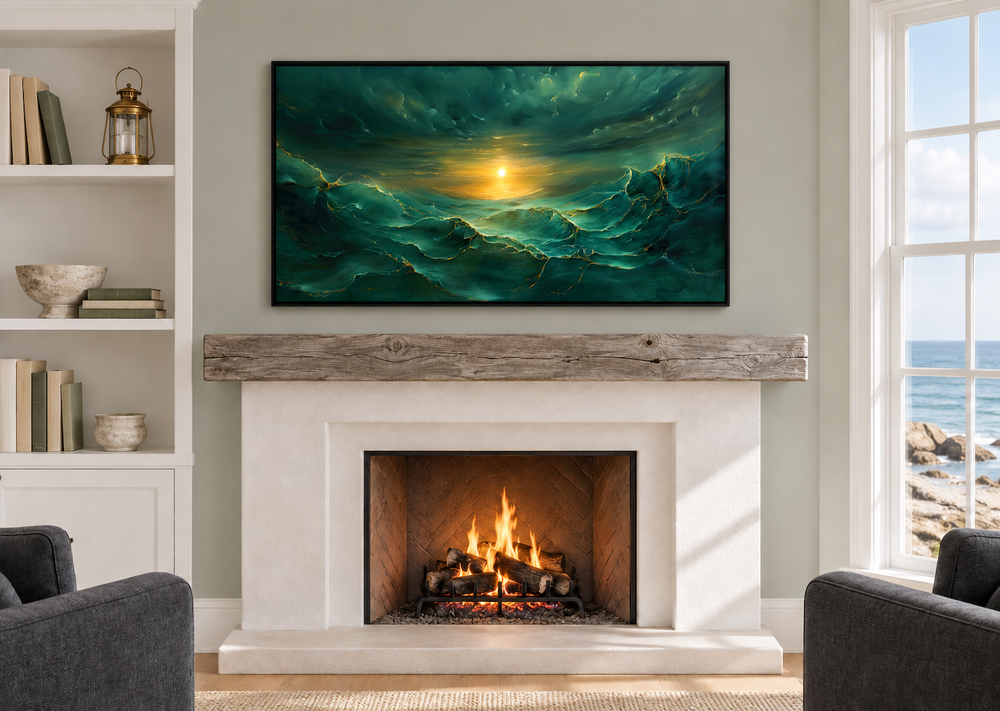 Abstract emerald green and gold ocean wave framed canvas wall art hanging above a fireplace mantel.