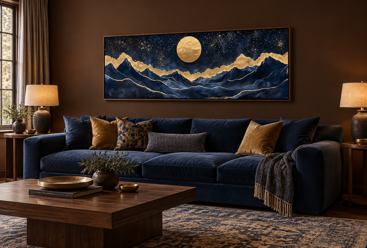 Panoramic canvas print of a gold moon over navy blue mountains in a modern living room.