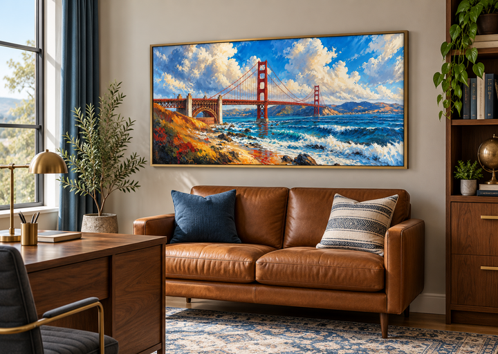 Framed oil painting of the Golden Gate Bridge above a brown leather sofa in a modern home office.