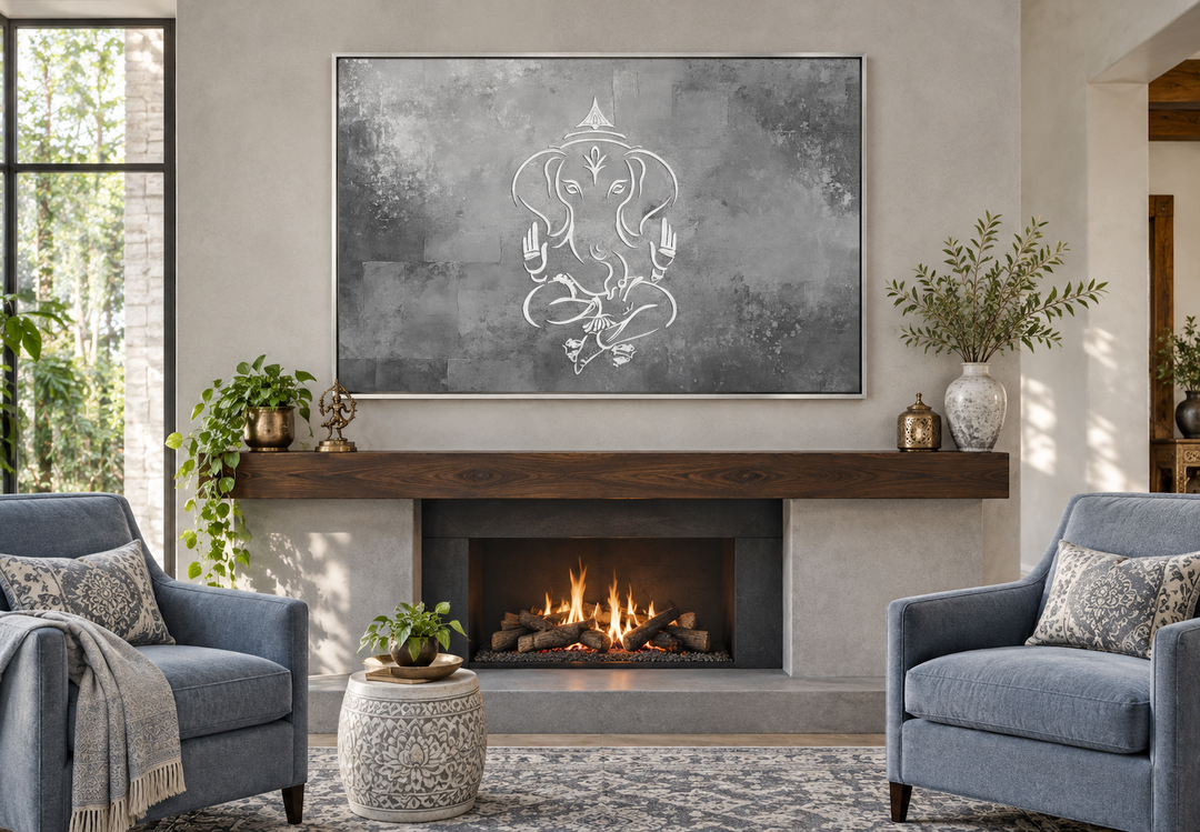 Grey silver white minimalist Lord Ganesh framed canvas wall art above a fireplace in a lounge.