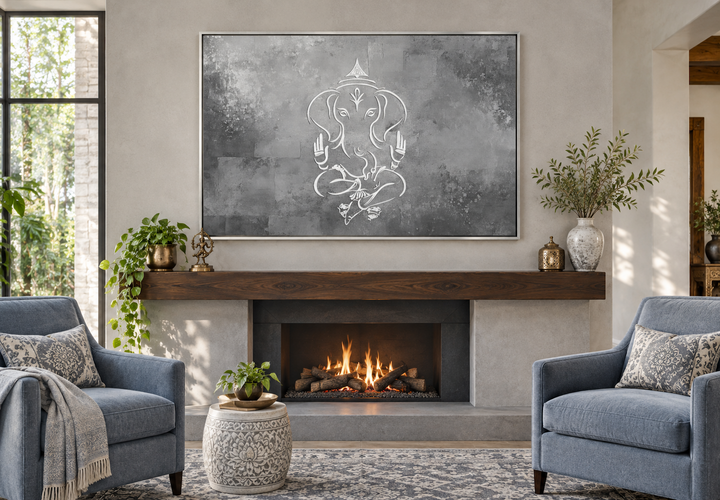 Grey silver white minimalist Lord Ganesh framed canvas wall art above a fireplace in a lounge.