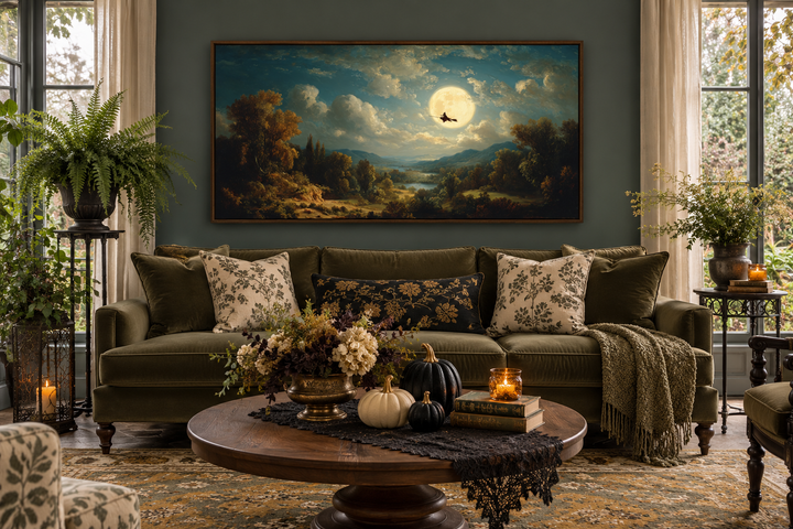 Hexe auf Besen – Halloween-Wandbild – Gotische Vollmondlandschaft
