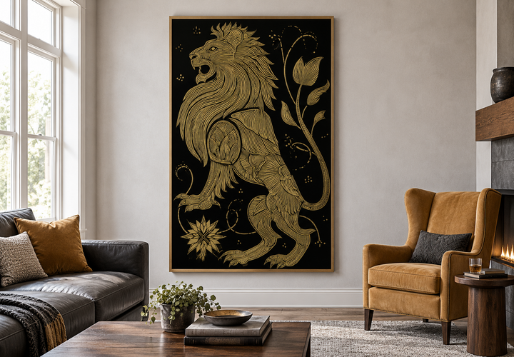 Heraldic gold lion canvas print on a black background, styled in a modern lounge with a gold chair.