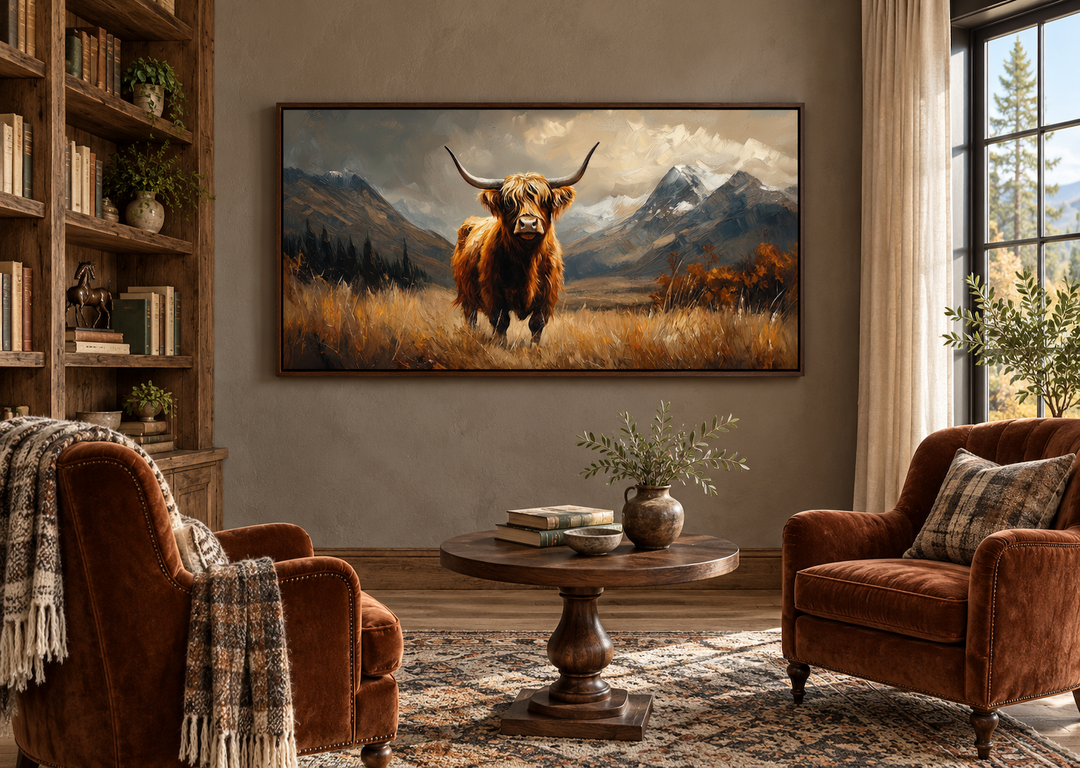 Leinwandbild „Highland Cow“ auf brauner Landschaft, gerahmt