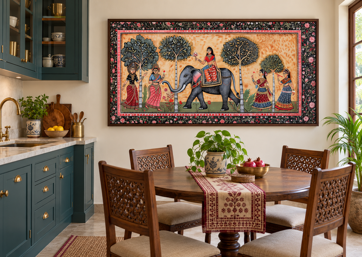Indian Elephant Madhubani Style Painting Framed Canvas Wall Art in a dining room setting.