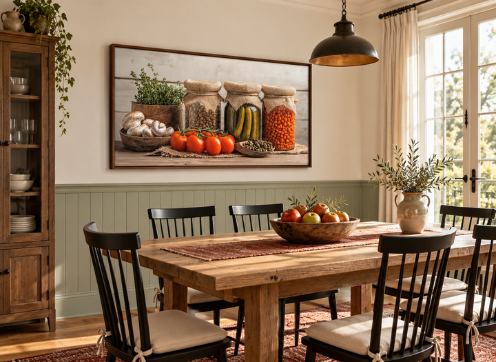 Spices and pickles framed canvas wall art hanging in a rustic farmhouse dining room.