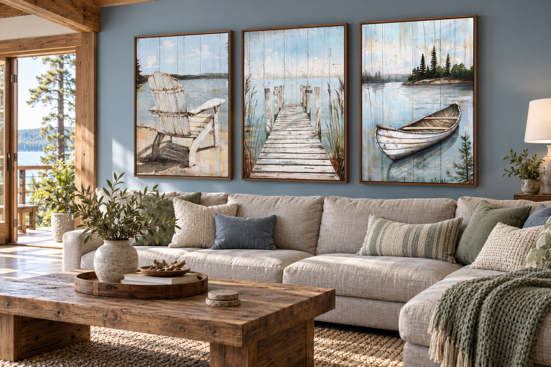 Set of 3 rustic lake house wall art featuring a fishing dock, old boat, and Adirondack chair.