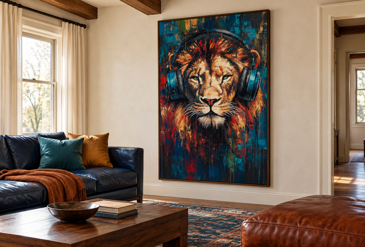 Lion DJ with headphones framed wall art in a modern living room with a blue leather sofa.