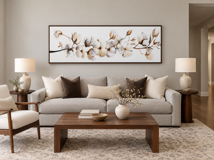 Long horizontal canvas wall art featuring neutral cotton plants above a beige sofa in a living room.
