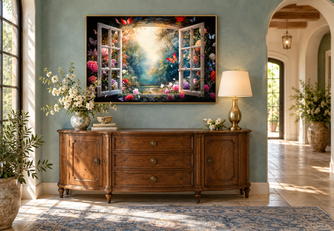 Enchanted forest view through an open window wall art in a gold frame above a wooden sideboard.