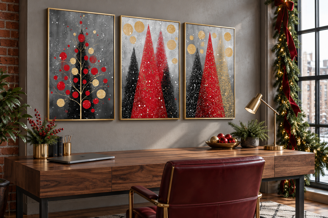 Set of 3 modern Christmas tree canvas prints in red, black, and gold above a wooden office desk.