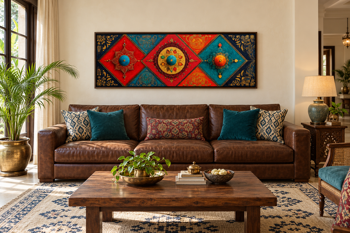 Modern long horizontal Indian canvas wall art with colorful geometric patterns above a brown sofa.