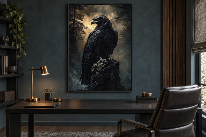 Moody dark gothic eagle framed canvas wall art hanging above a modern black desk in a dark office.