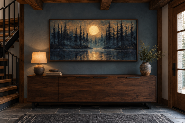 Moody canvas print of a full moon over a pine forest and lake, framed above a dark wood sideboard.