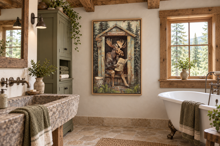 Moose in a rustic outhouse reading a newspaper wall art in a cabin-style bathroom.
