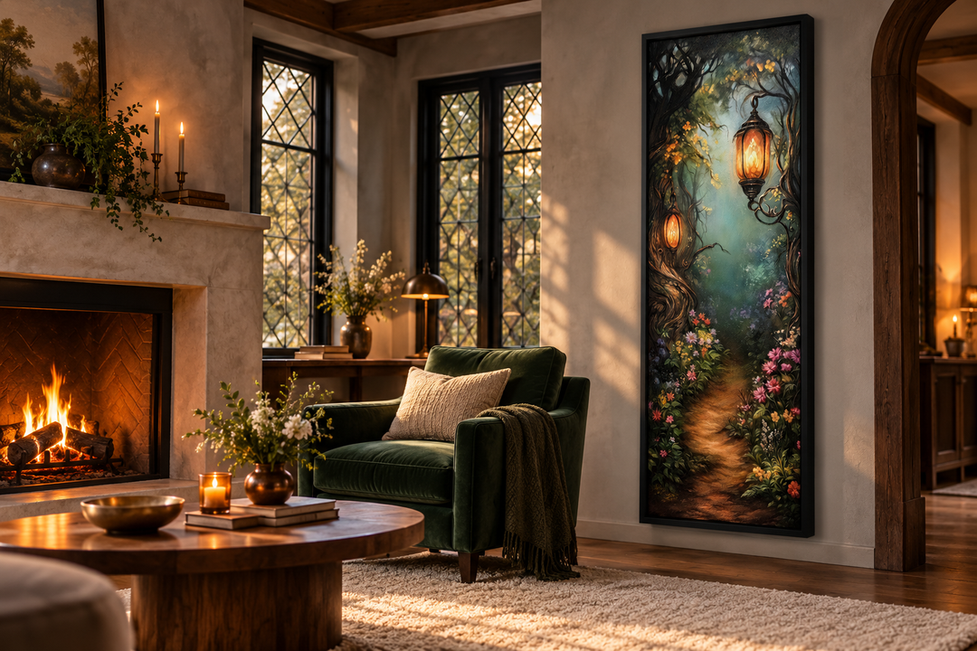 Tall narrow framed wall art of an enchanted forest with a glowing lantern path in a cozy lounge.