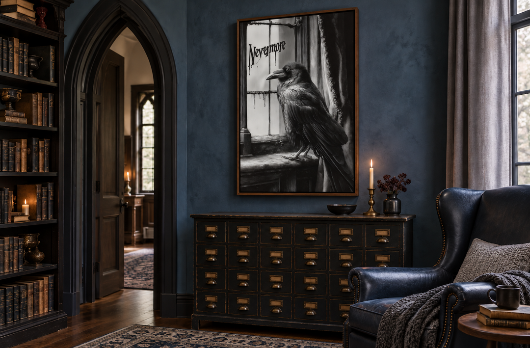 Nevermore gothic wall art with a raven in a walnut frame, hanging in a dark academia library.