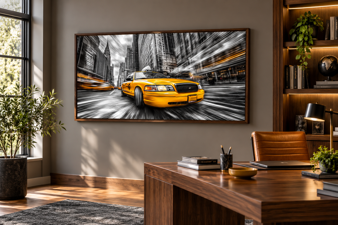 New York City yellow taxi graffiti style canvas wall art in a walnut frame above a wooden desk.