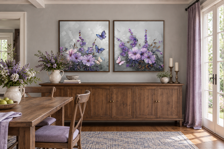Set of 2 light purple floral prints with lavender blossoms and butterflies in dark wood frames.