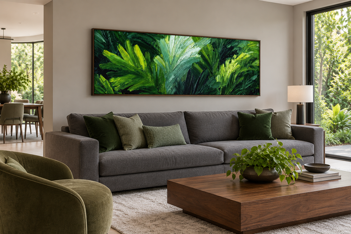 Long horizontal canvas print of lush green tropical leaves above a gray sofa in a modern room.