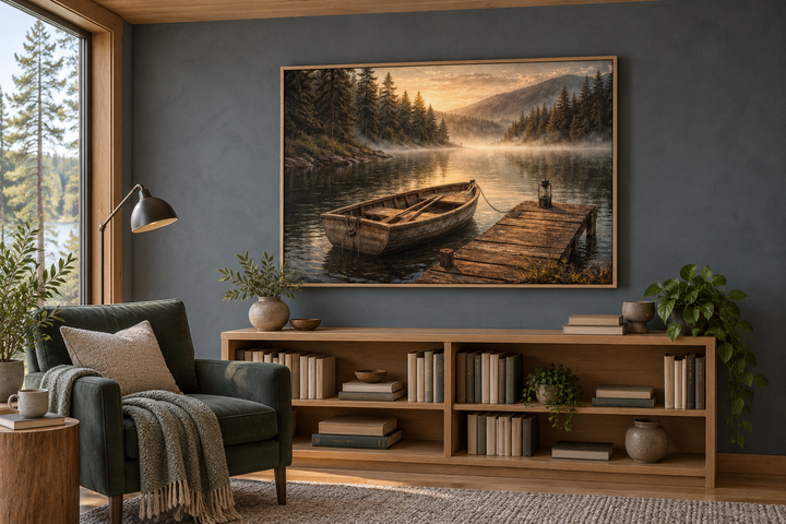 Rustic rowboat painting on canvas above a bookshelf in a cozy, modern reading room.