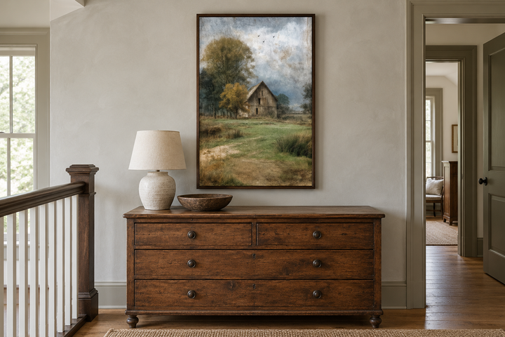 Vertical rustic farmhouse canvas print of a weathered barn in a peaceful countryside landscape.