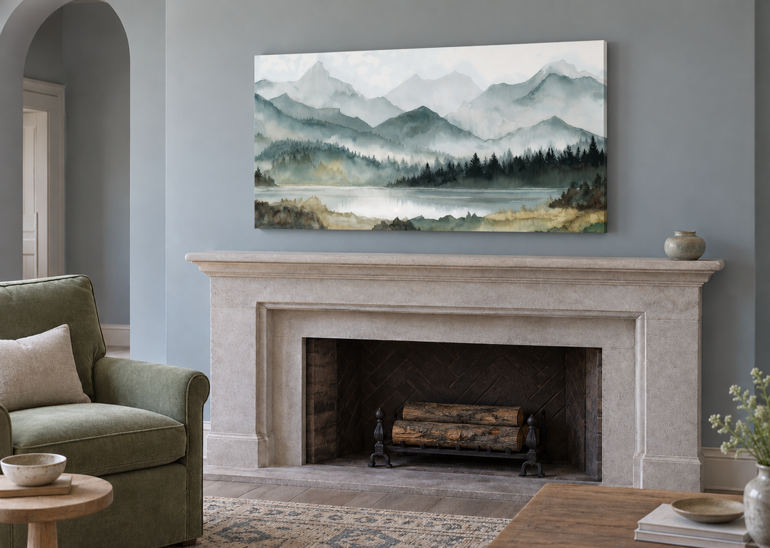 Sage green mountain lake landscape framed canvas wall art hanging above a stone fireplace mantel.