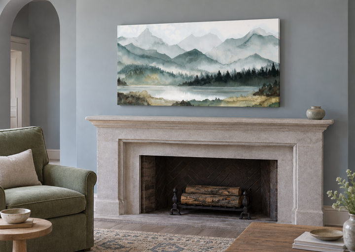 Sage green mountain lake landscape framed canvas wall art hanging above a stone fireplace mantel.