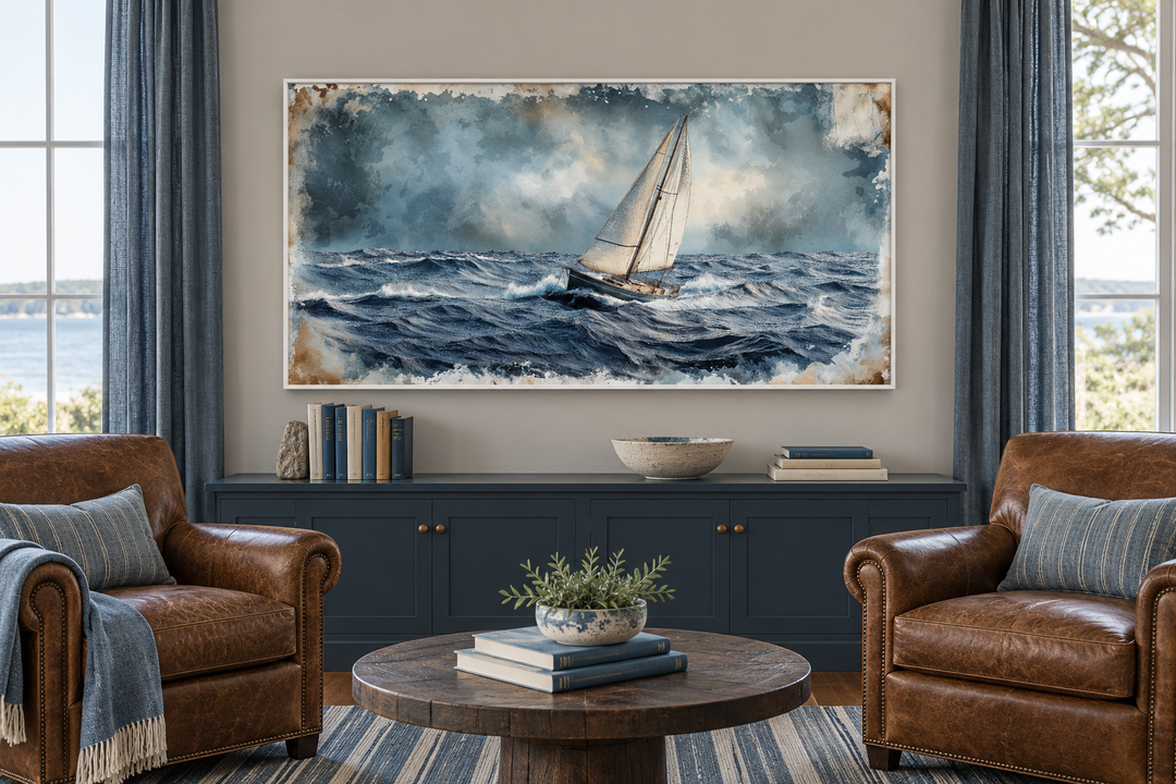 Sailboat in the ocean framed canvas nautical wall art above a blue sideboard in a living room.
