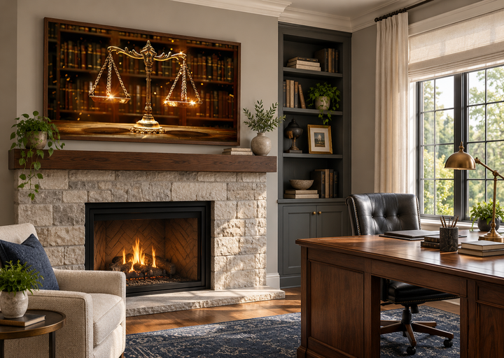 Framed canvas print of golden Scales of Justice hanging above a stone fireplace in a law office.
