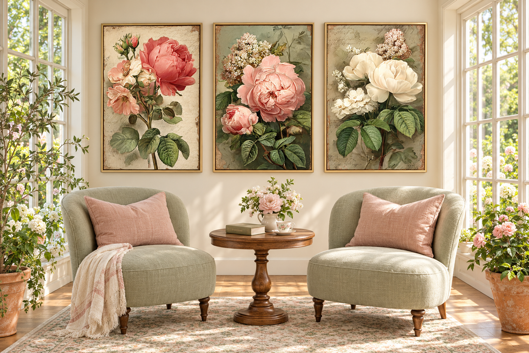 Set of 3 vintage rose botanical wall art prints in gold frames above two sage green armchairs.