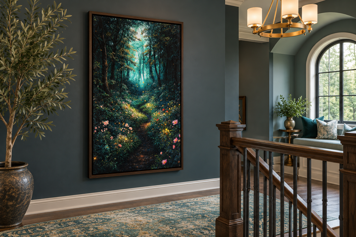 Enchanted Forest With Mystical Lights Framed Canvas Wall Art in a walnut frame on a dark teal wall.