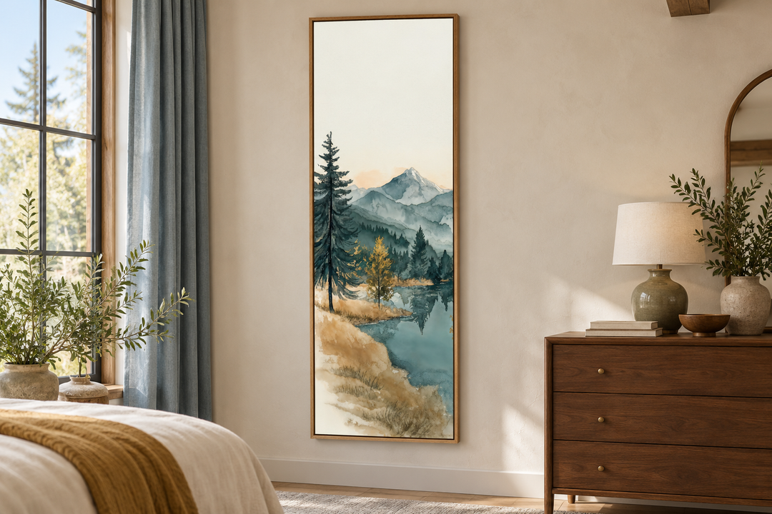 Toile murale verticale haute et étroite représentant un lac de montagne.