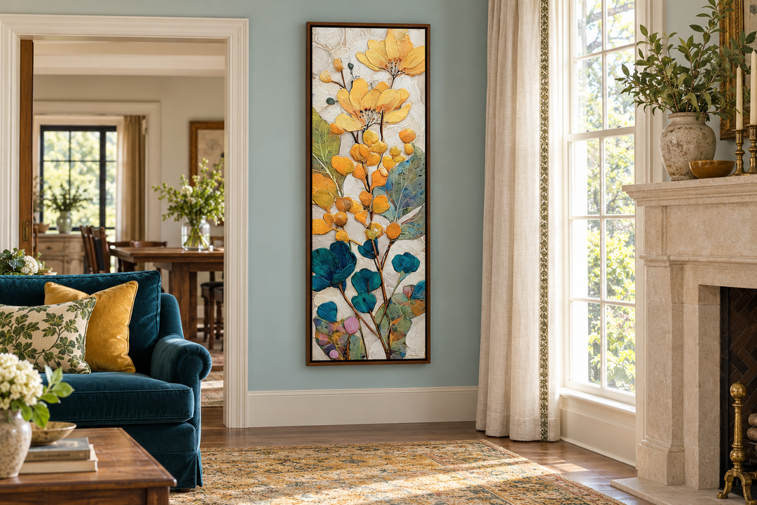 Tall narrow vertical canvas wall art featuring yellow and blue botanical floral patterns.