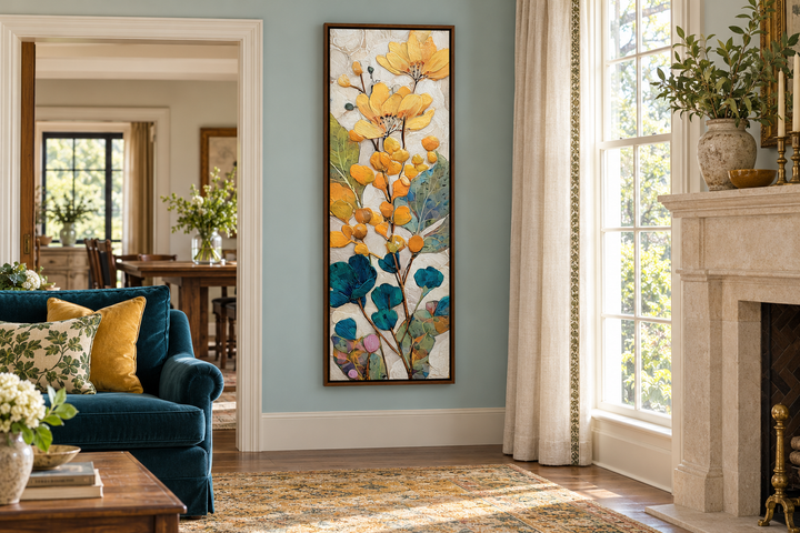 Tall narrow vertical canvas wall art featuring yellow and blue botanical floral patterns.