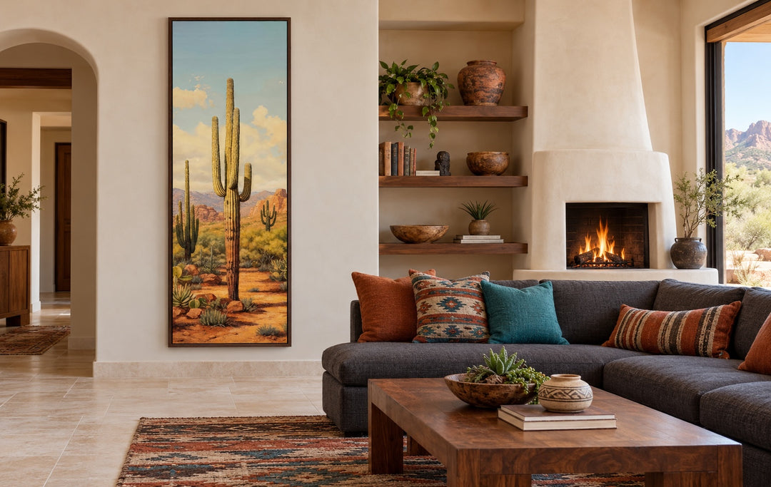 Tall vertical saguaro cactus canvas wall art in a Southwestern living room with a walnut frame.