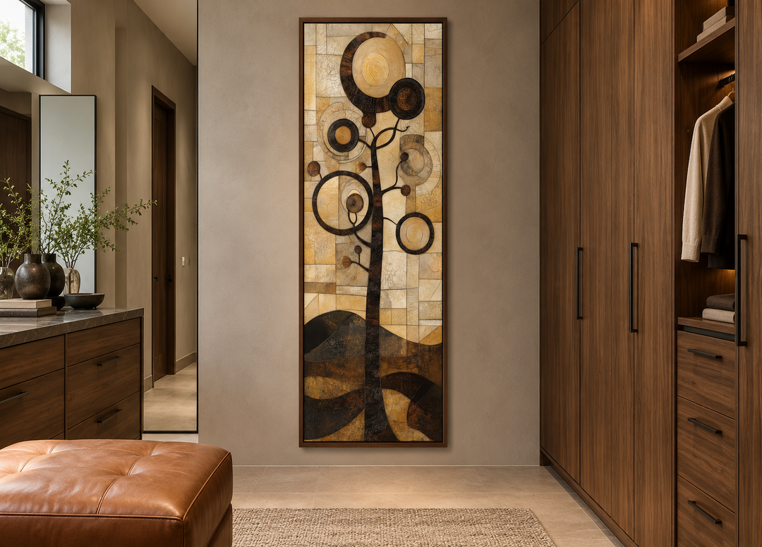 Tall vertical mid-century modern canvas wall art featuring a geometric tree in gold and black.