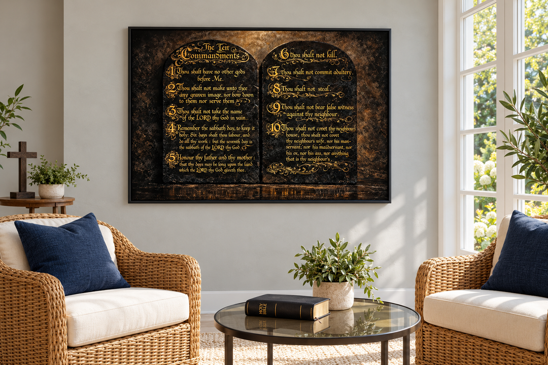 Dark Gold Ten Commandments Christian Canvas Wall Art in a black floating frame in a living room.
