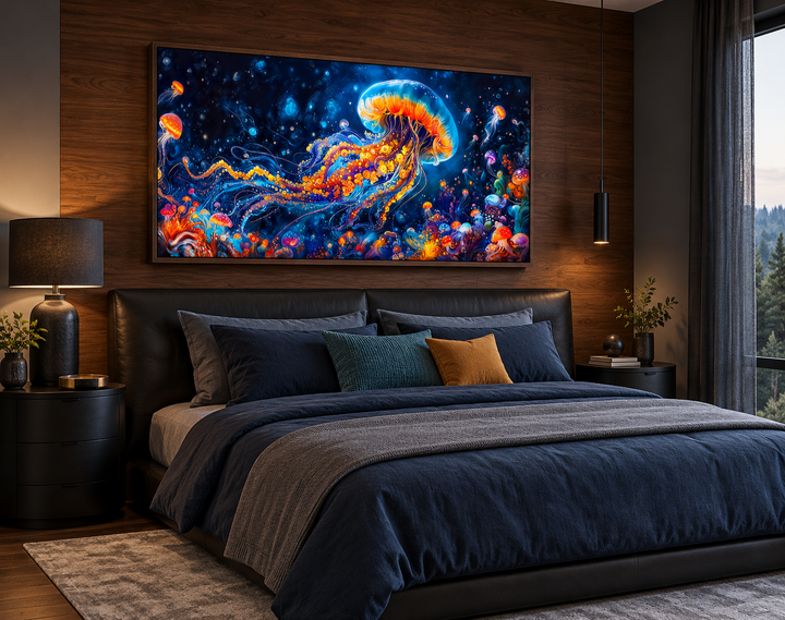 Underwater scene with trippy jellyfish framed canvas wall art hanging above a bed in a bedroom.