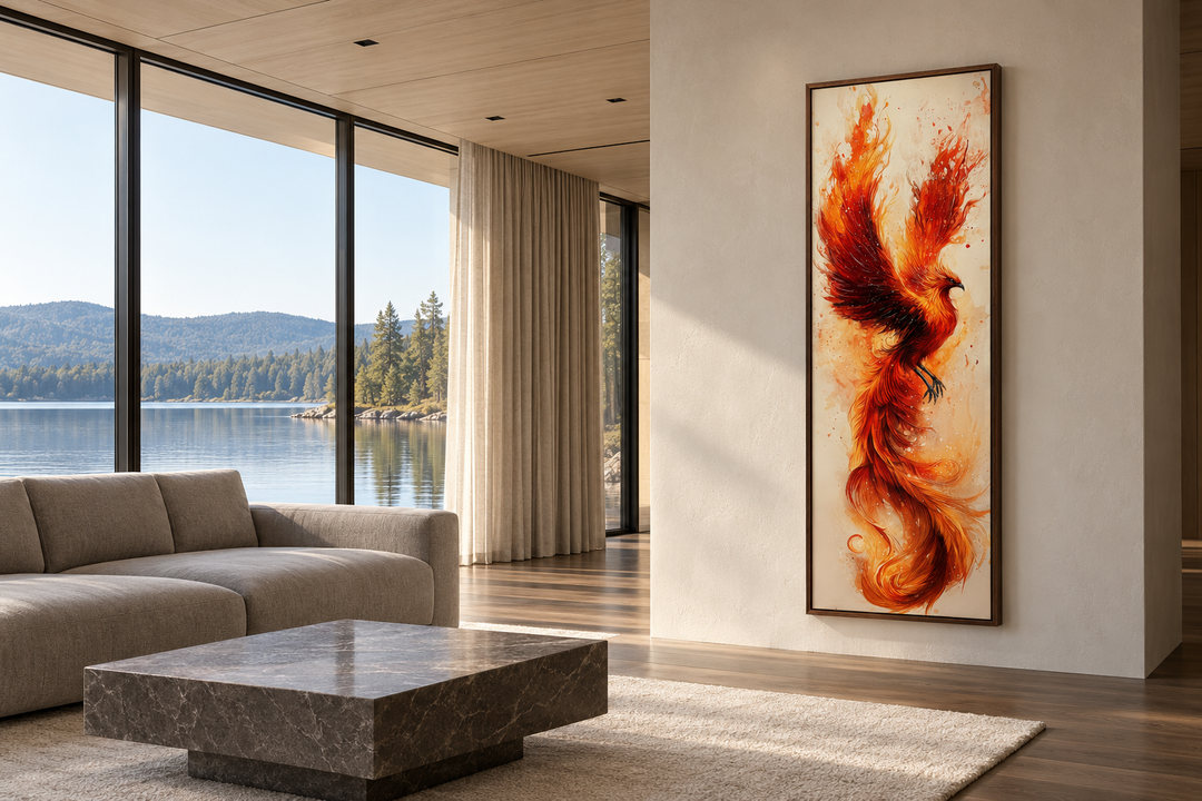 Tall narrow framed canvas wall art of a fiery orange and beige phoenix in a modern living room.
