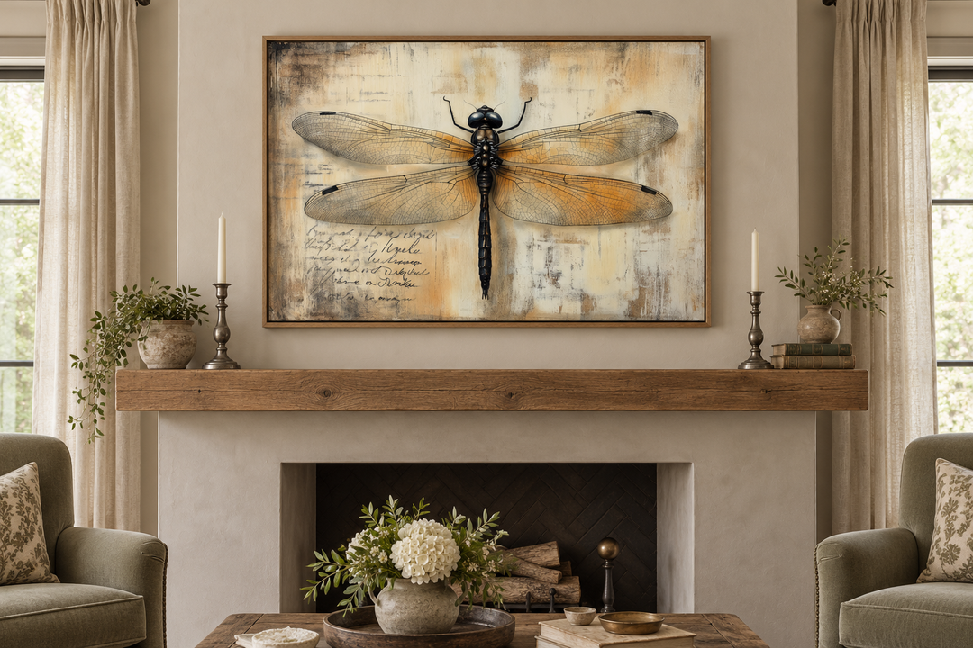 Vintage dragonfly illustration framed in oak, hanging above a rustic wooden fireplace mantel.