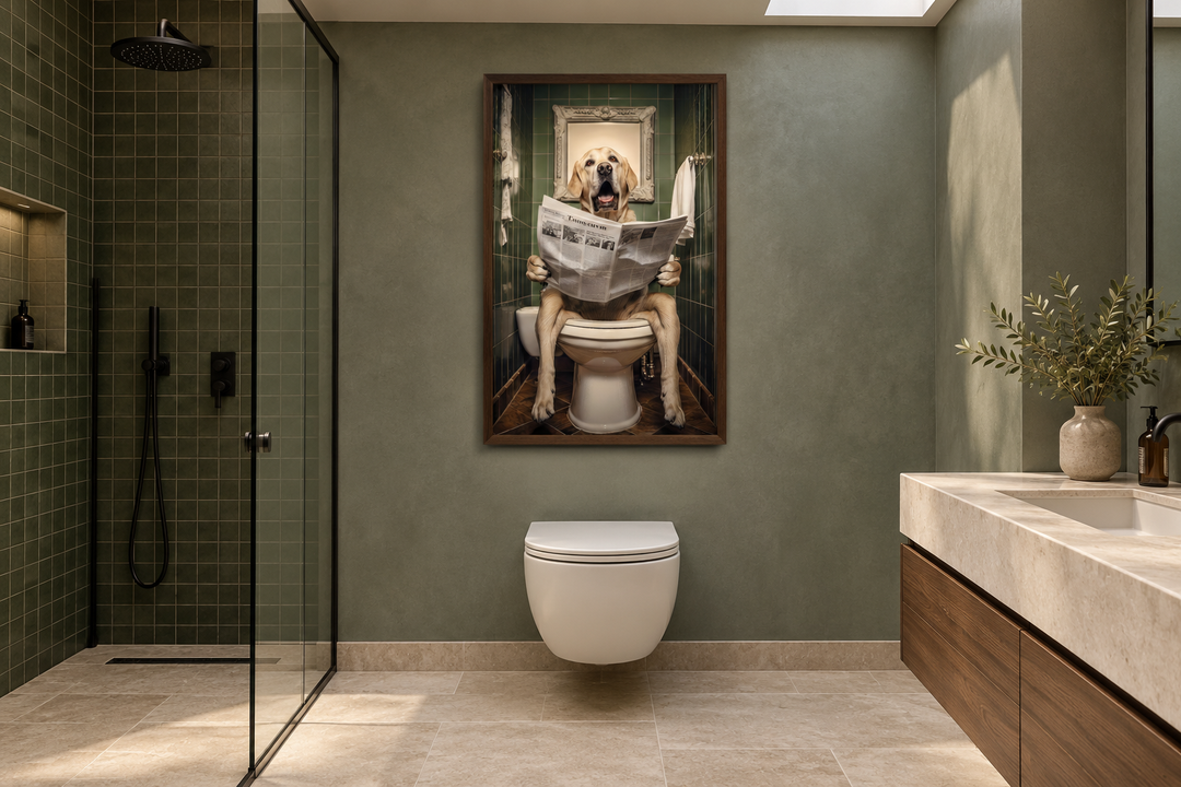 Framed wall art of a white Labrador Retriever sitting on a toilet reading a newspaper in a bathroom.