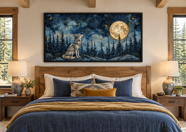 Wolf wall art canvas featuring a wolf under a full moon in a night forest above a bed.