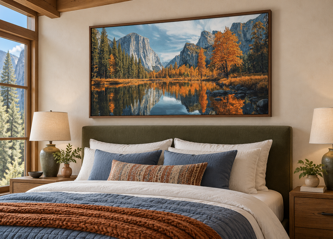 Framed Yosemite National Park painting on canvas above a bed in a rustic bedroom.