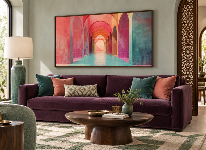 Mediterranean archways wall art in pink and green tones framed above a purple velvet sofa.