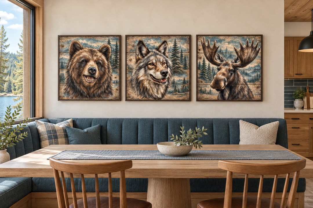 Set of three framed wildlife canvas prints featuring a bear, wolf, and moose in a rustic dining area.