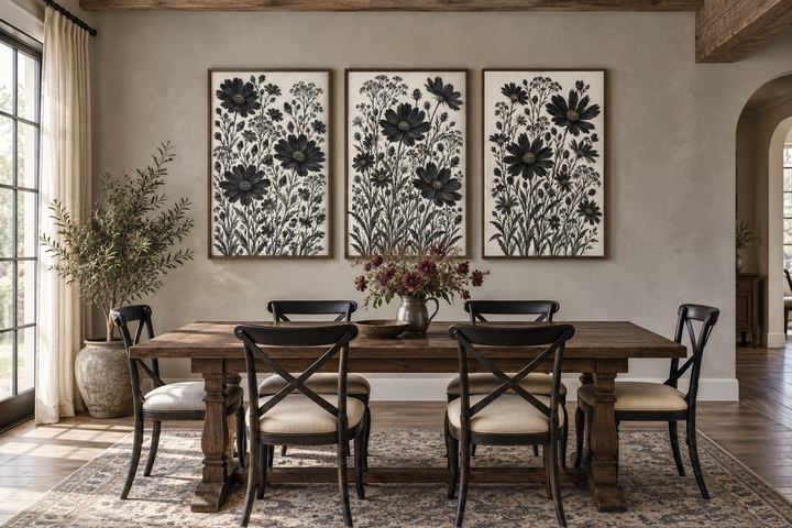 Set of 3 black and white wildflower canvas prints in a rustic dining room with a wooden table.