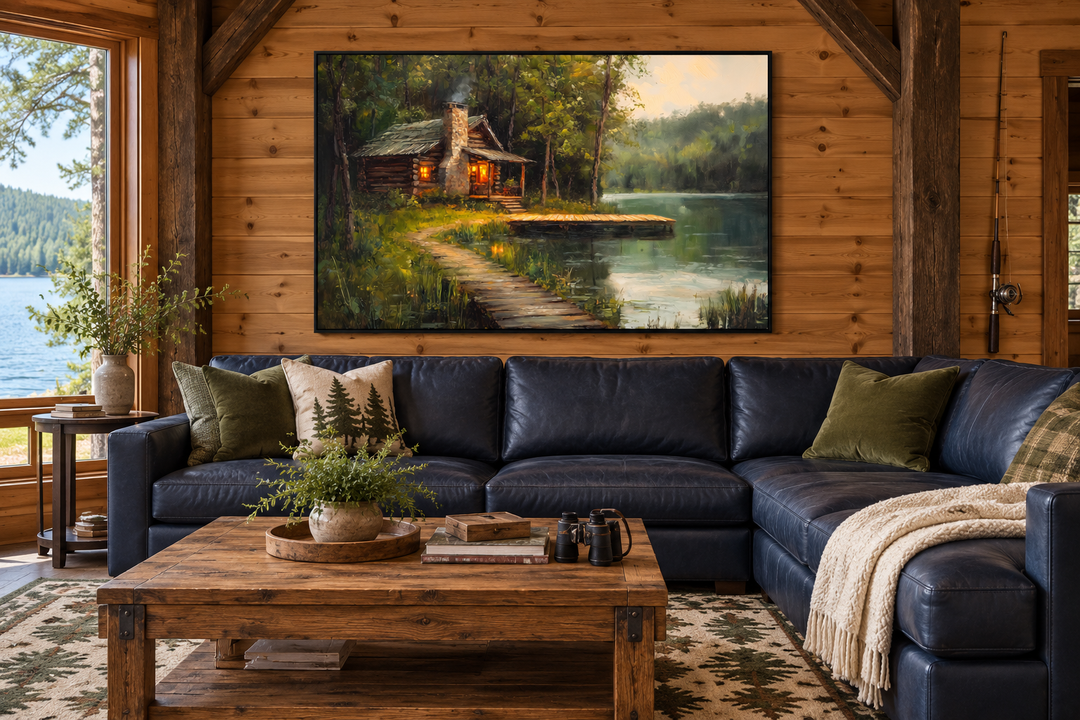 Cabin On The Lake Framed Canvas Wall Art hanging above a blue leather sectional in a rustic room.